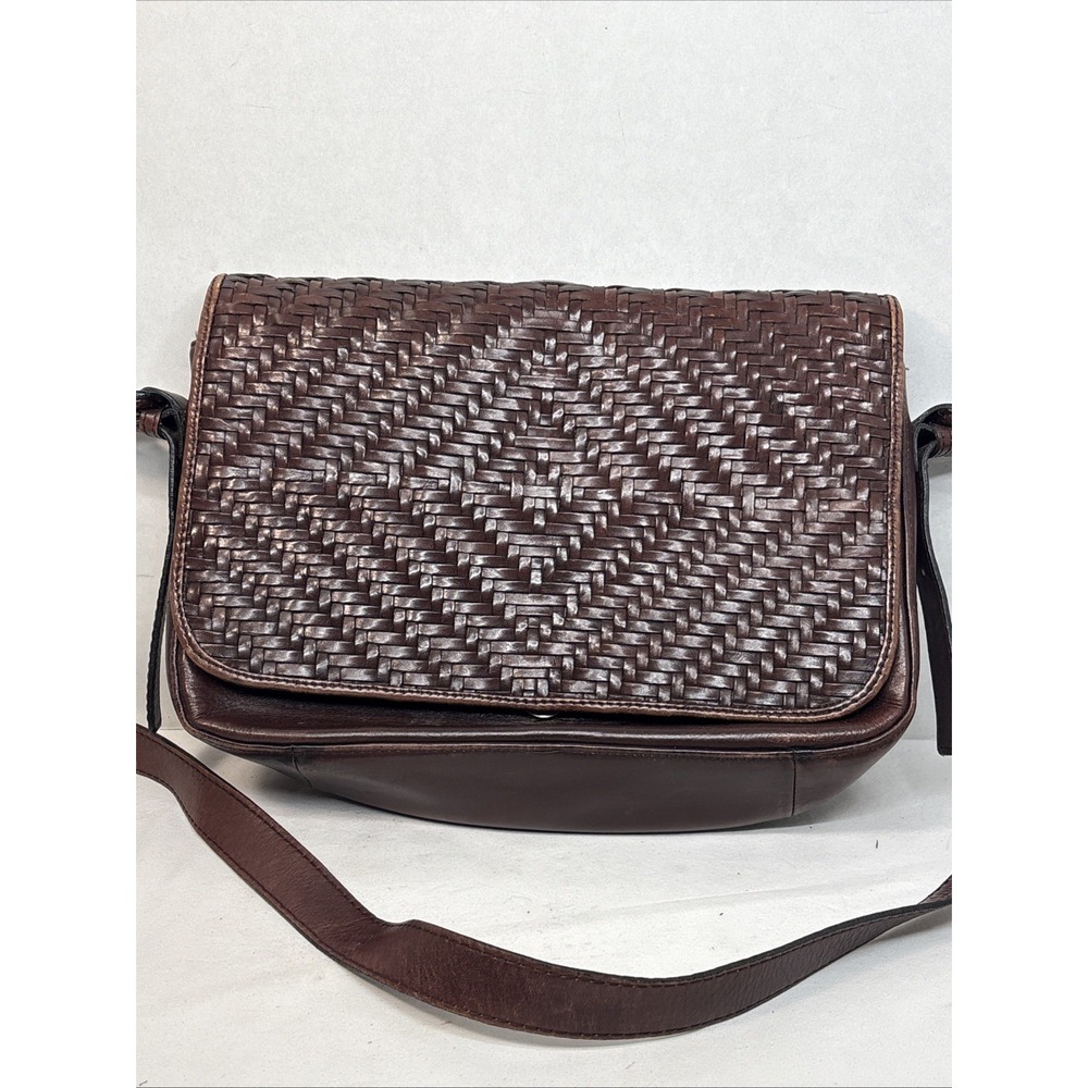 Vtg Fossil Purse Basket Weave Woven Brown Leather Cross Body Bag